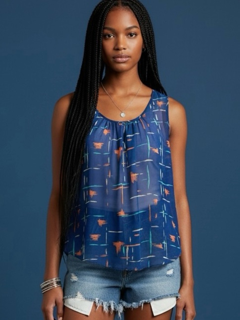 EDGE Abstract Brushstroke Sheer Sleeveless Tank Top Medium Blue